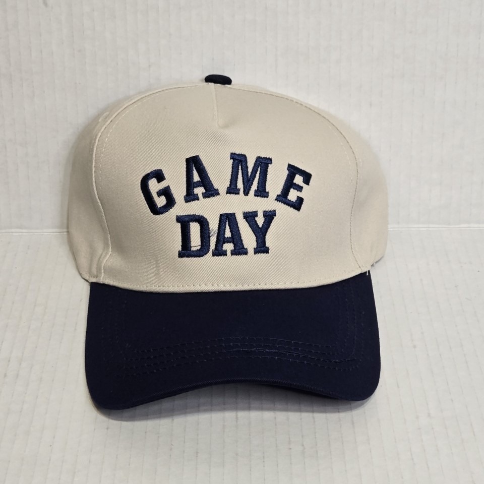 New Game Day Baseball Cap Cream Navy Embroidered Adjustable Strap Hat